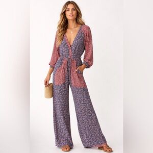 Mixed Print Tie-Waist Maxi Dress in Navy and Red